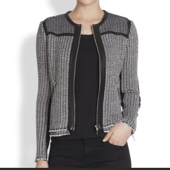 Rebecca Taylor Tweed Lamb Leather Blazer Evening Work Jacket Size 0 Extra Small - Picture 1 of 14